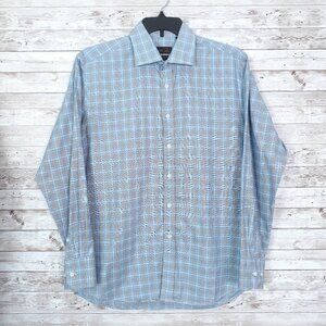 Tiglio Luxe Mens Dress Shirt 16 1/2 34/35 Blue Brown Plaid Italy Cotton 427